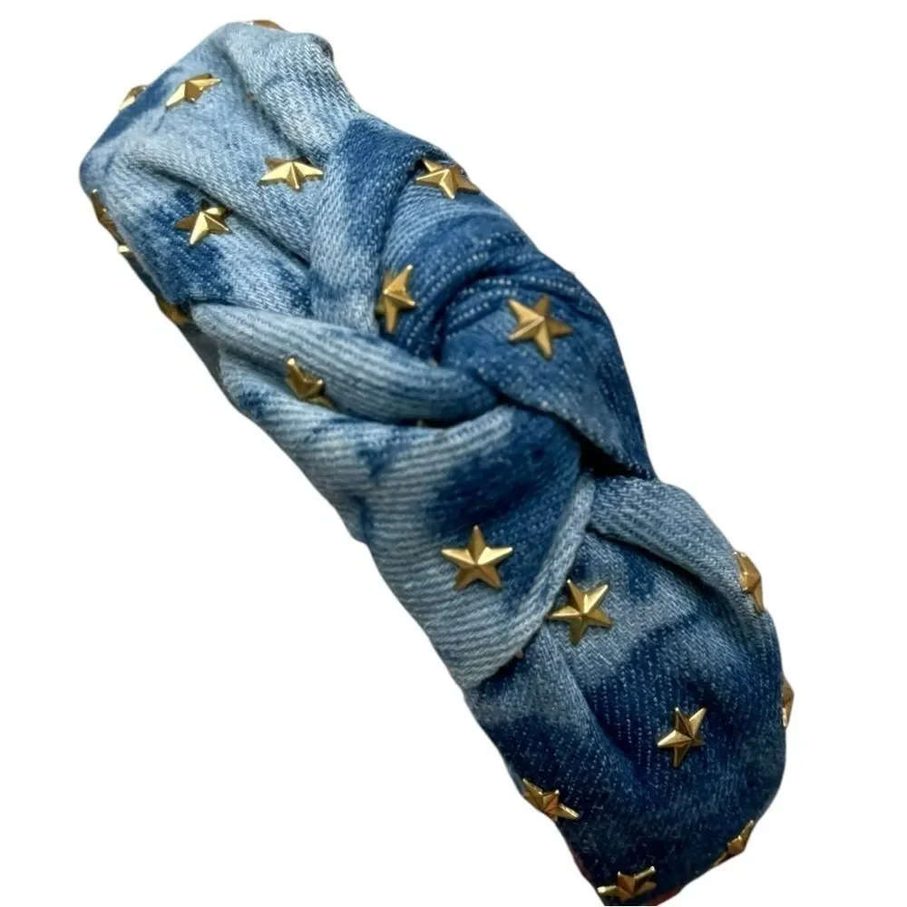 Chambray Blue Gold Star Studded Topknot Headband. Accessories. One Size. NWOT.